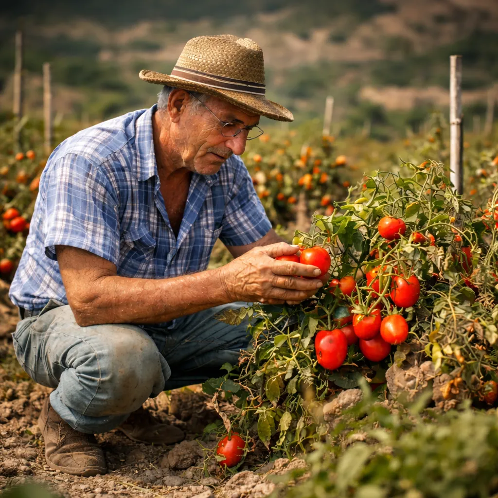 Sélection paysanne en Calabre : agriculteur dans un champ de tomates