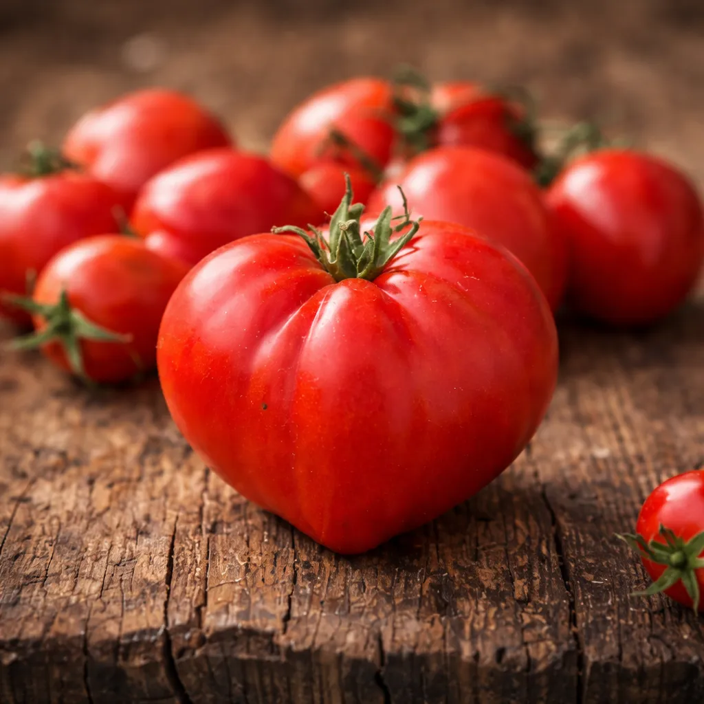 Variétés locales secondaires : tomate cœur rouge sur table rustique