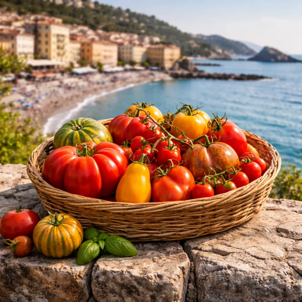 Biodiversité en Calabre : panier de tomates devant la mer à Diamante