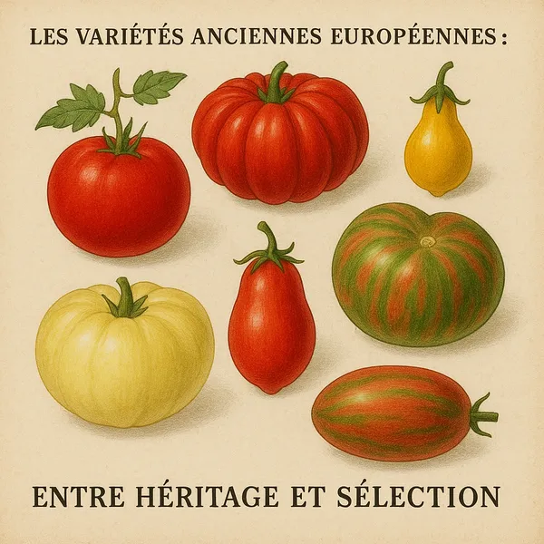 Variétés anciennes européennes de tomates, illustration botanique XIXe siècle