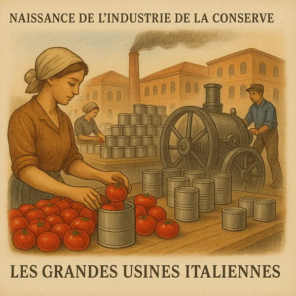 Naissance de l’industrie de la conserve de tomate en Italie au XIXe siècle, illustration d’usine