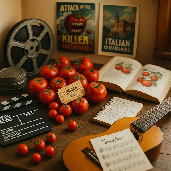 Illustration mettant en scène la tomate dans la culture populaire à travers le cinéma, la littérature et la musique, avec affiches de films, livres et notes de musique