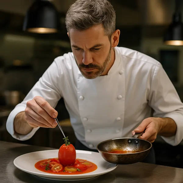 Chef cuisinier dressant un plat gastronomique à base de tomate