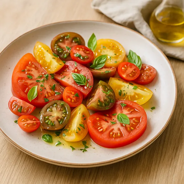Salade de tomates colorées servie dans un cadre familial estival