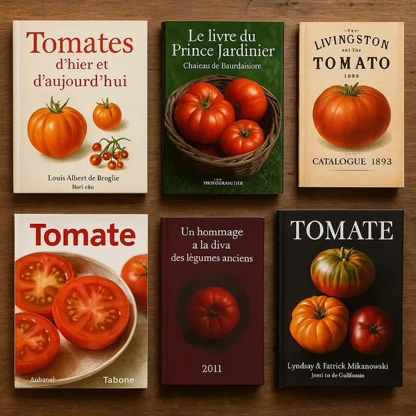 Ouvrages historiques et patrimoniaux sur la tomate : Tomates d’hier et d’aujourd’hui, Le livre du Prince Jardinier, Livingston and the Tomato, La tomate de Tabone, Hommage à la diva des légumes anciens, Tomate des Mikanowski