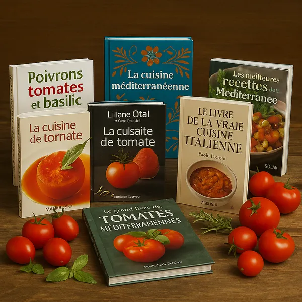 Livres de cuisine méditerranéenne mettant en valeur la tomate, avec des recettes italiennes, provençales et du bassin méditerranéen