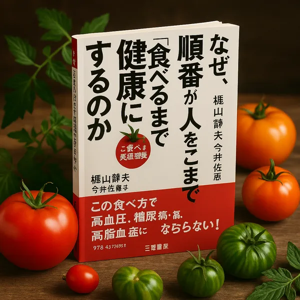 Livre de nutrition japonais sur les bienfaits de l'ordre des aliments, présenté dans un décor culinaire