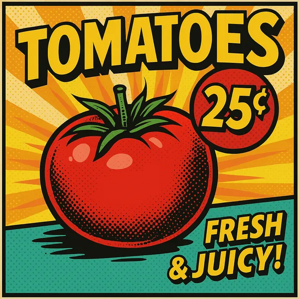 Affiche pop-art de tomate avec texte TOMATOES 25¢ Fresh & Juicy
