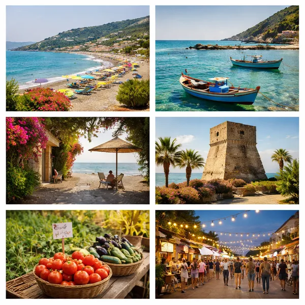 Plage de marina di Santa Caterina dello Ionio avec parasols et village sur la côte ionienne calabraise