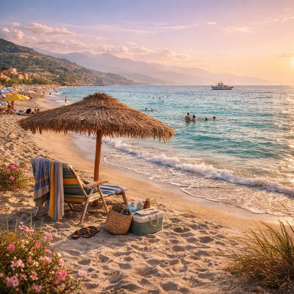 Plage estivale de marina di Santa Caterina dello Ionio, parasol en paille et mer Ionienne au coucher du soleil