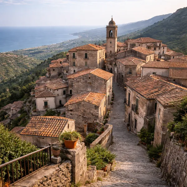 Vue panoramique de Santa Caterina Superiore, village perché de Calabre avec clocher, ruelle centrale et mer Ionienne en arrière-plan