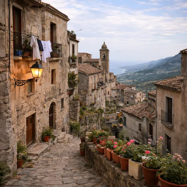 Ruelle pavée de Santa Caterina Superiore avec maisons en pierre, pots de fleurs, lampadaire et clocher dominant la vallée calabraise