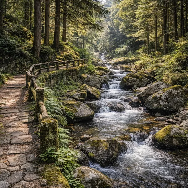 Sentier forestier et torrent au cœur des forêts de Serra San Bruno dans les Serre calabraises