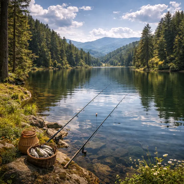 Lac de montagne dans la Sila entouré de forêts, lieu de pêche à la truite