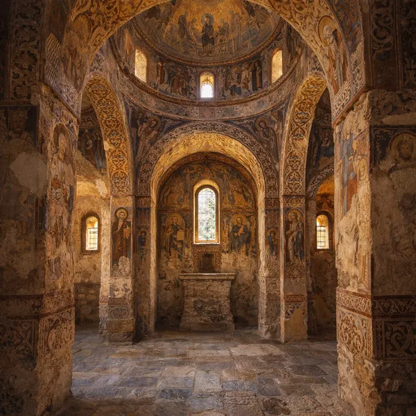 Intérieur de la Cattolica de Stilo avec plan en croix grecque et fresques byzantines