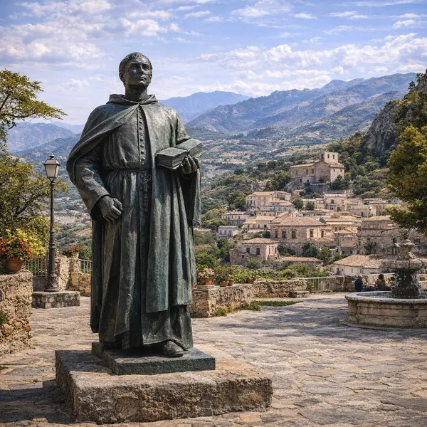 Statue de Tommaso Campanella à Stilo avec vue sur le village et les montagnes calabraises